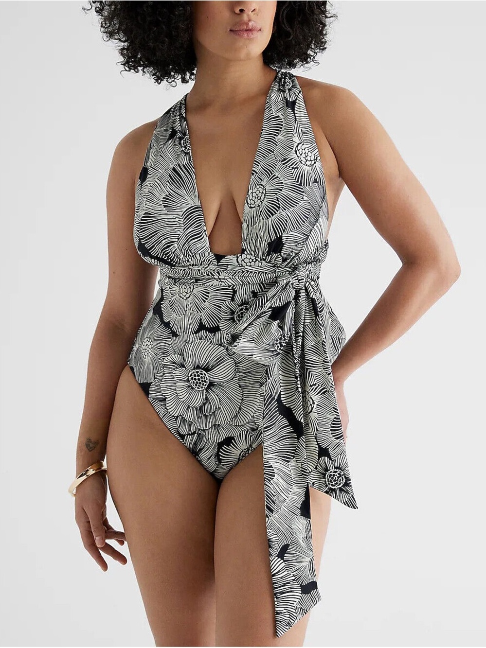 Express Black & White Floral Halter Wrap One-Piece Swim